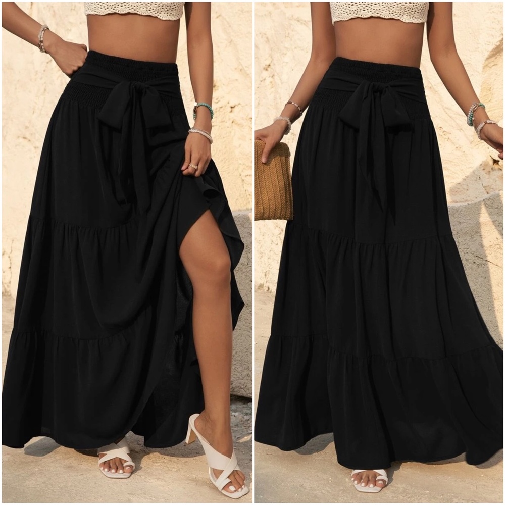 Boho High Waisted Front tie Ruffle flowy Maxi Skirt - Picture 7 of 9
